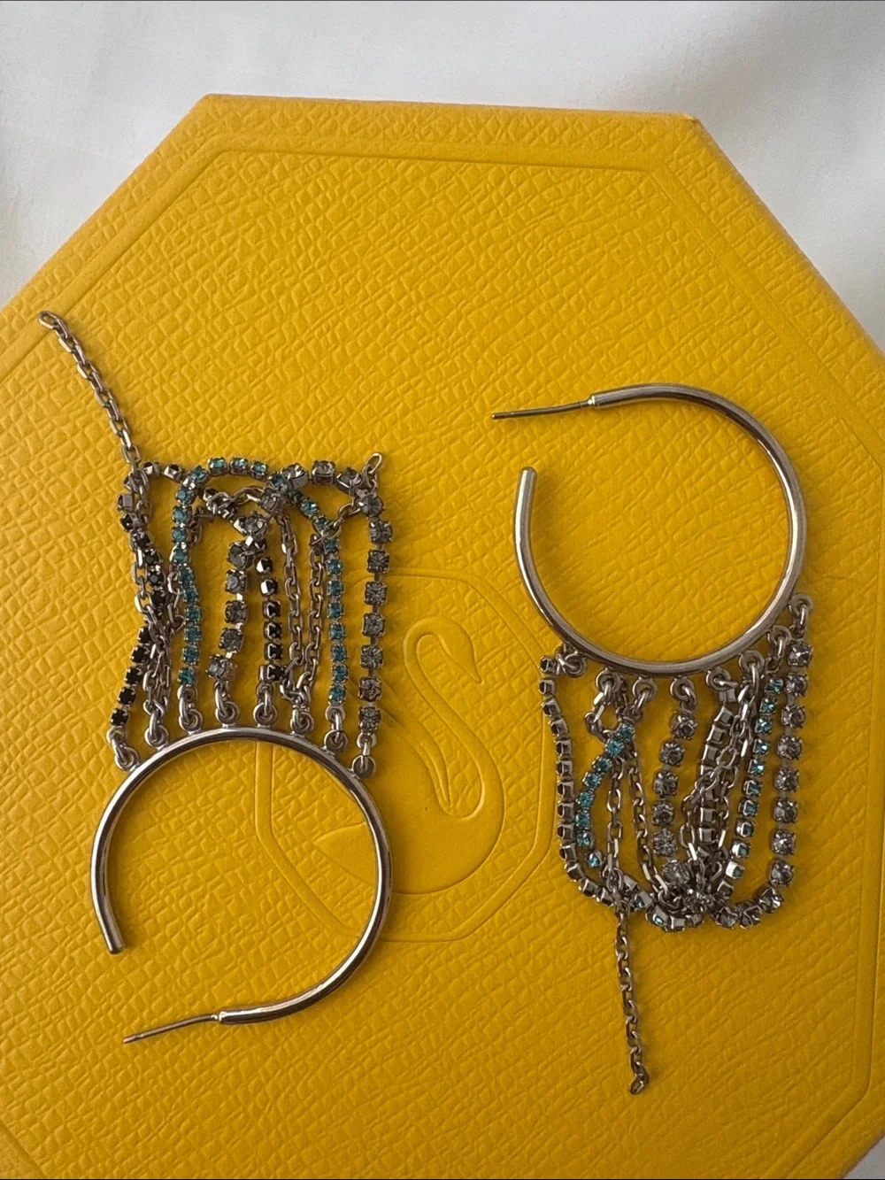 Swarovski Silver Hoop Earrings with Turquoise and Clear Crystal Chains